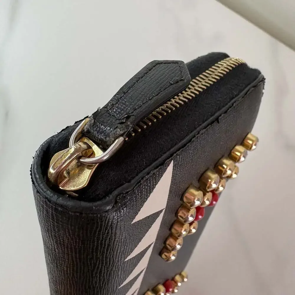 Fendi Monster Eyes Zip-Around Continental Wallet in Black Leather with Studs